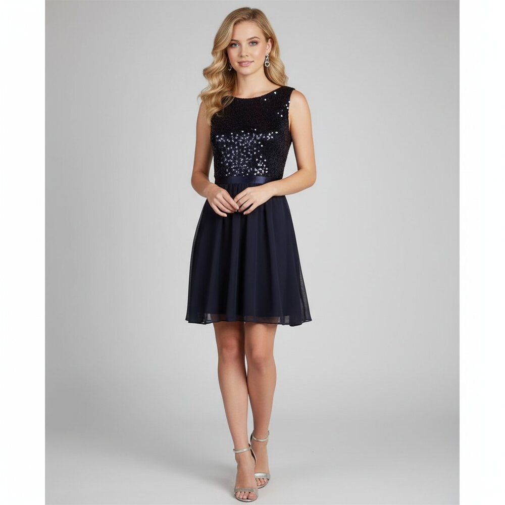 Jessica Howard Sequin and Chiffon Cocktail Dress Navy